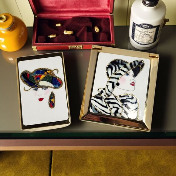 Vintage 1980s Vanity Set Art Deco Woman Compact & Lipstick Case NOS Glam Gold - Picture 1 of 16